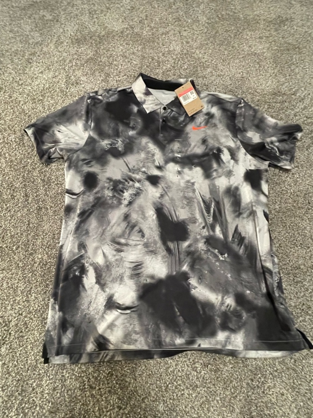 Nike Men’s Black & White Tie-Dye Polo with Orange Swoosh